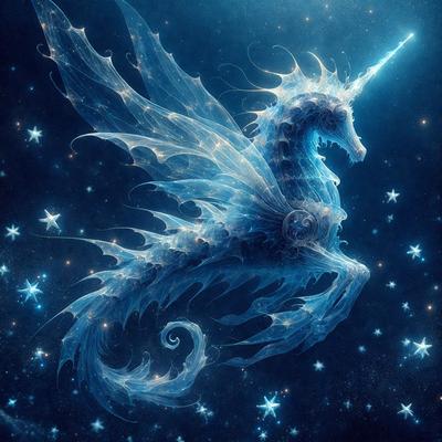 Primary subject: A blue and white unicorn with a long tail and horn.

Setting/background: The unicorn is flying through a starry night sky.

Visual style: The image is a digital art or illustration.

Colors and mood: The unicorn is predominantly blue and white, with a starry night sky in the background. The overall atmosphere is magical and dreamy.